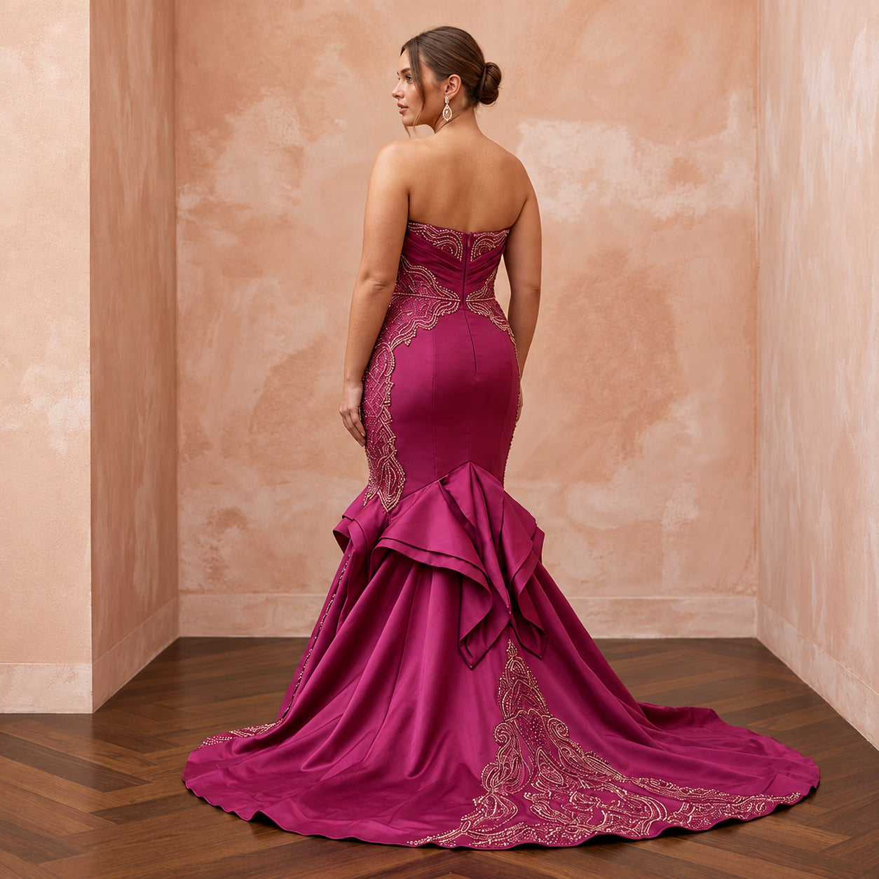 Plus Size Magenta Pink Taffeta Ruched Bodice Mermaid Gown Secondary image