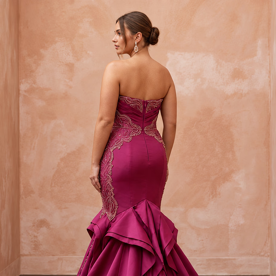 Plus Size Magenta Pink Taffeta Ruched Bodice Mermaid Gown - Apparel & Accessories > Clothing > Wedding & Bridal Party Dresses > Wedding Dresses - Mignonette Bridal