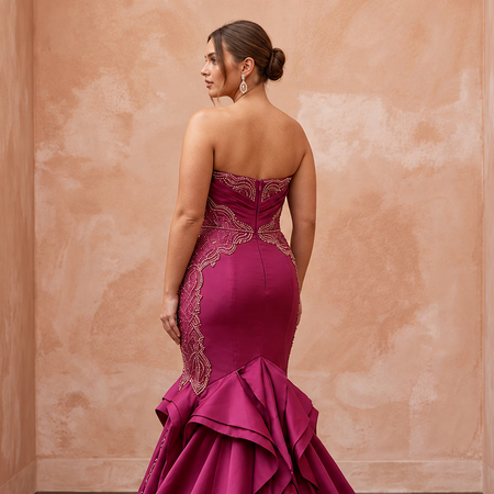 Plus Size Magenta Pink Taffeta Ruched Bodice Mermaid Gown - Apparel & Accessories > Clothing > Wedding & Bridal Party Dresses > Wedding Dresses - Mignonette Bridal
