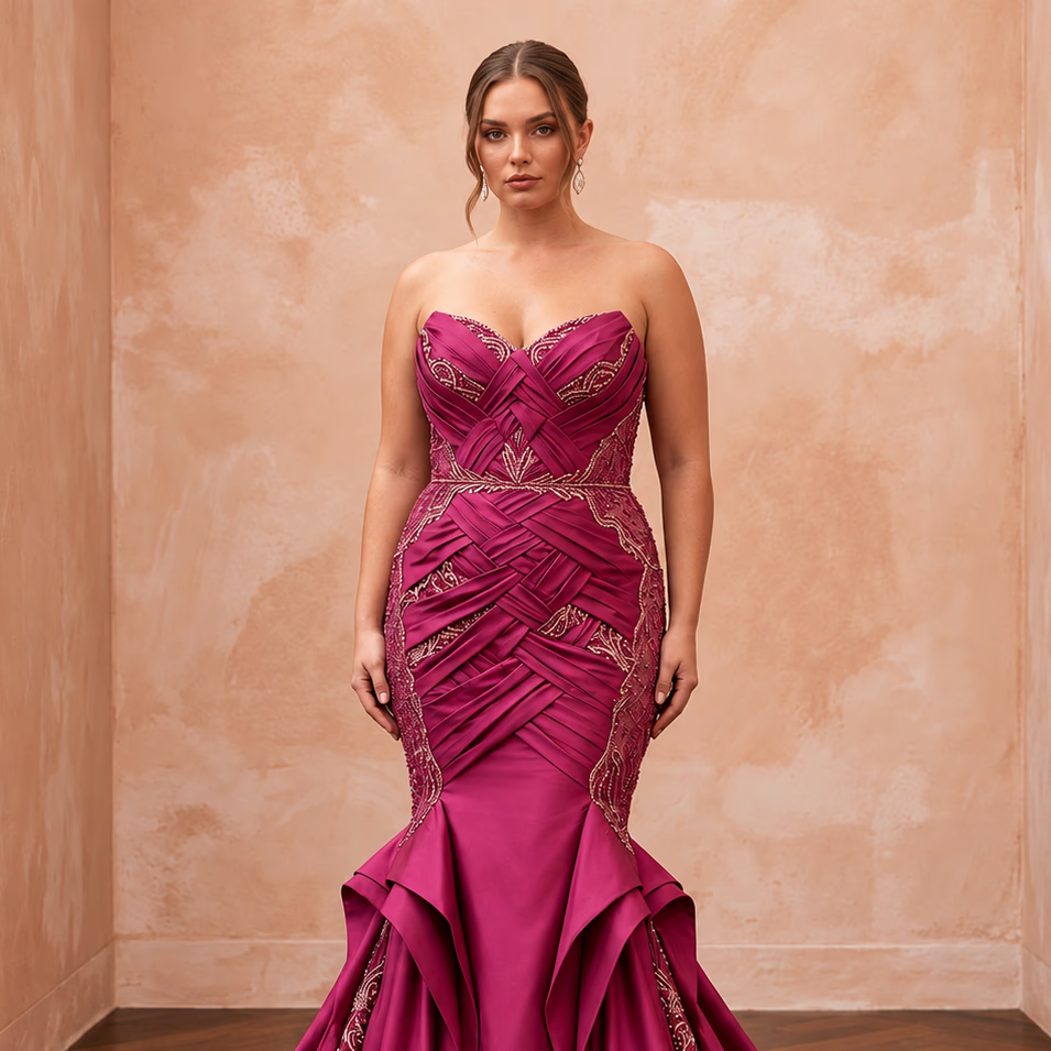 Plus Size Magenta Pink Taffeta Ruched Bodice Mermaid Gown - Apparel & Accessories > Clothing > Wedding & Bridal Party Dresses > Wedding Dresses - Mignonette Bridal