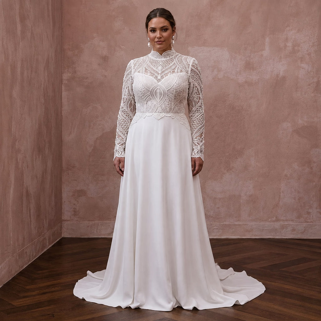 White lace wedding dress with high neckline, long sleeves, and flowing A-line skirt