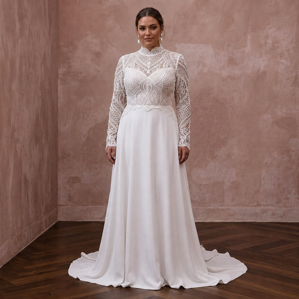 White lace wedding dress with high neckline, long sleeves, and flowing A-line skirt