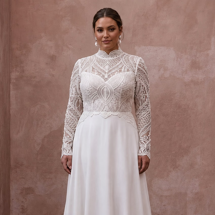 White modest lace wedding dress with high neck and embroidered bodice, long sleeves