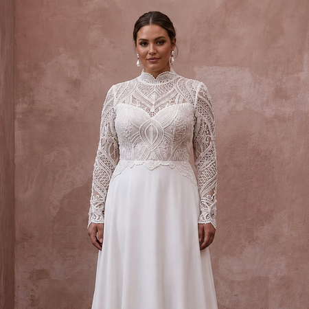 White modest lace wedding dress with high neck and embroidered bodice, long sleeves
