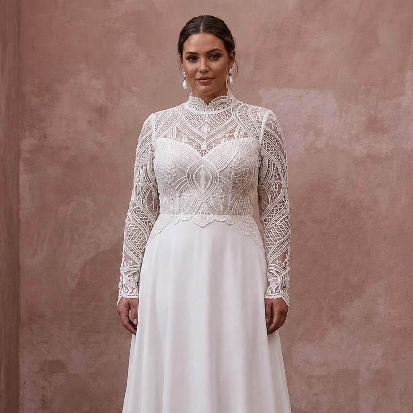 White modest lace wedding dress with high neck and embroidered bodice, long sleeves