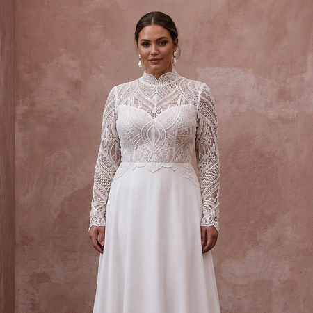 White modest lace wedding dress with high neck and embroidered bodice, long sleeves