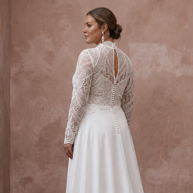 White lace wedding dress with high neck and intricate open-back embroidery