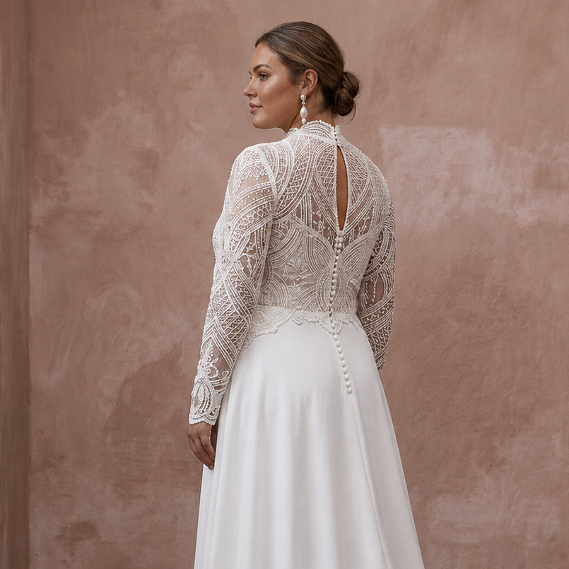White lace wedding dress with high neck and intricate open-back embroidery