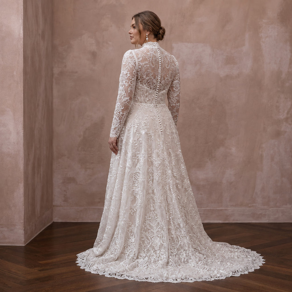 Plus Size Modest Lace Wedding Dress with High Neck