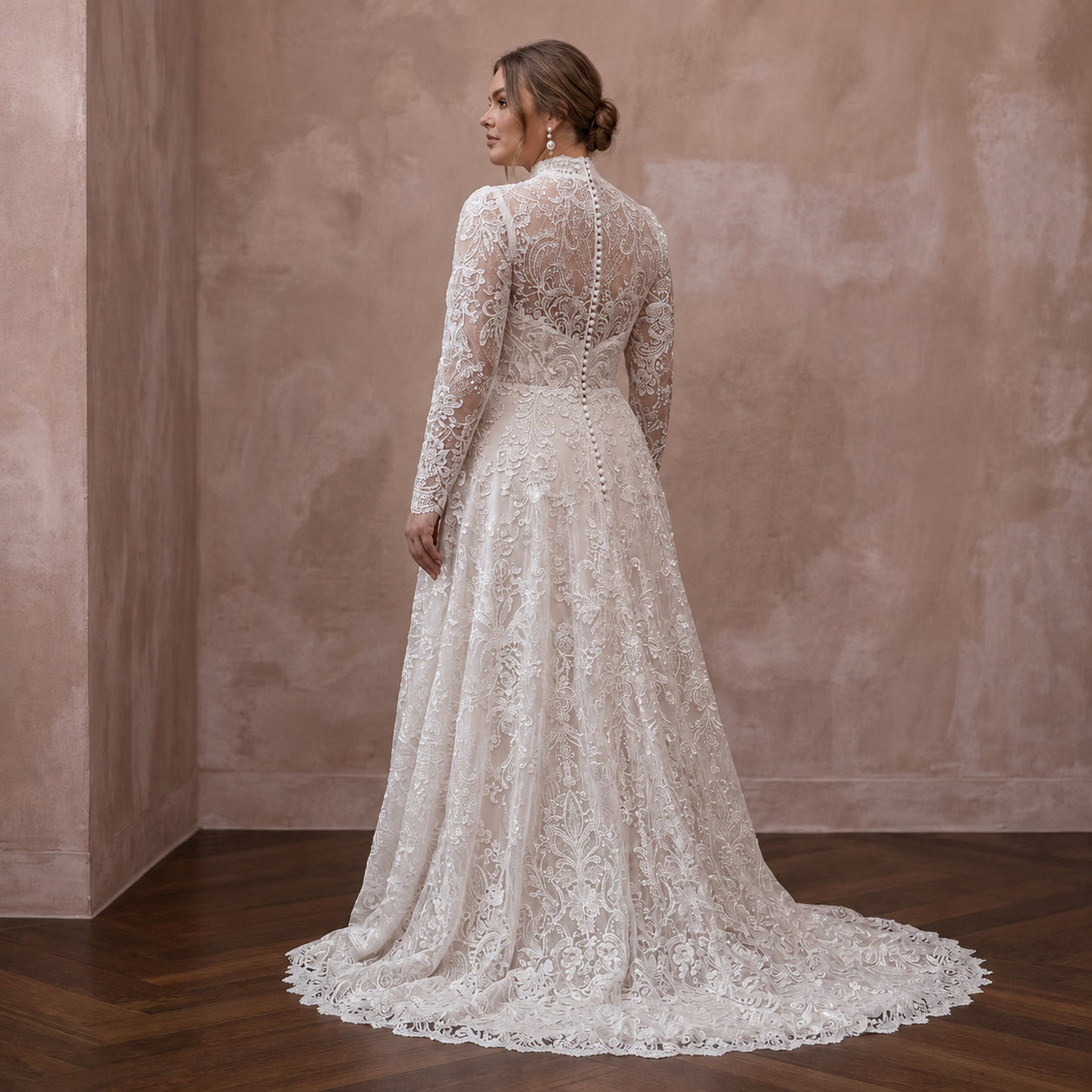 Plus Size Modest Lace Wedding Dress with High Neck