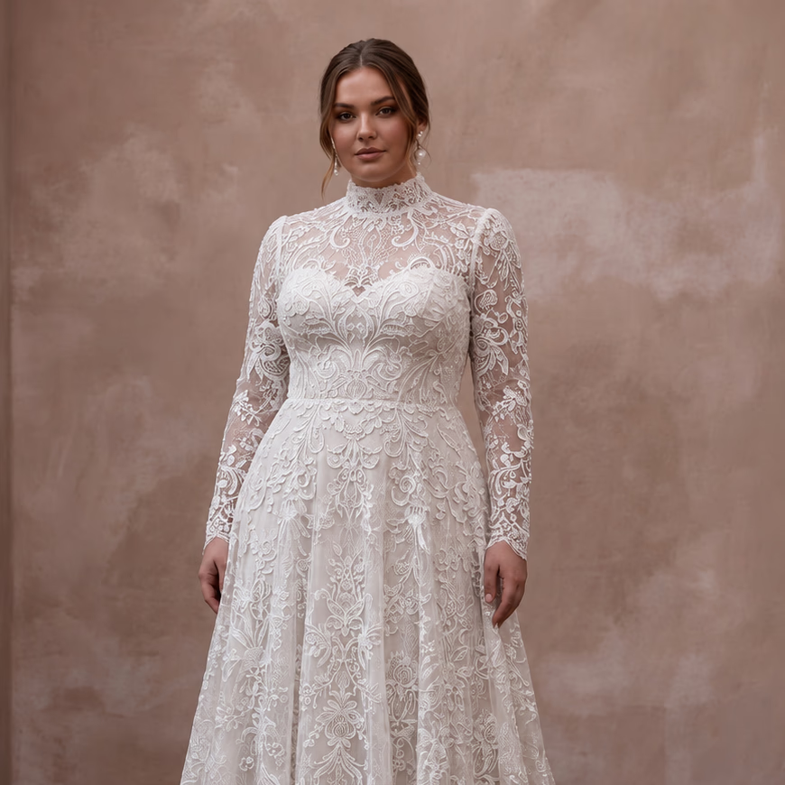 Plus Size Modest Lace Wedding Dress with High Neck