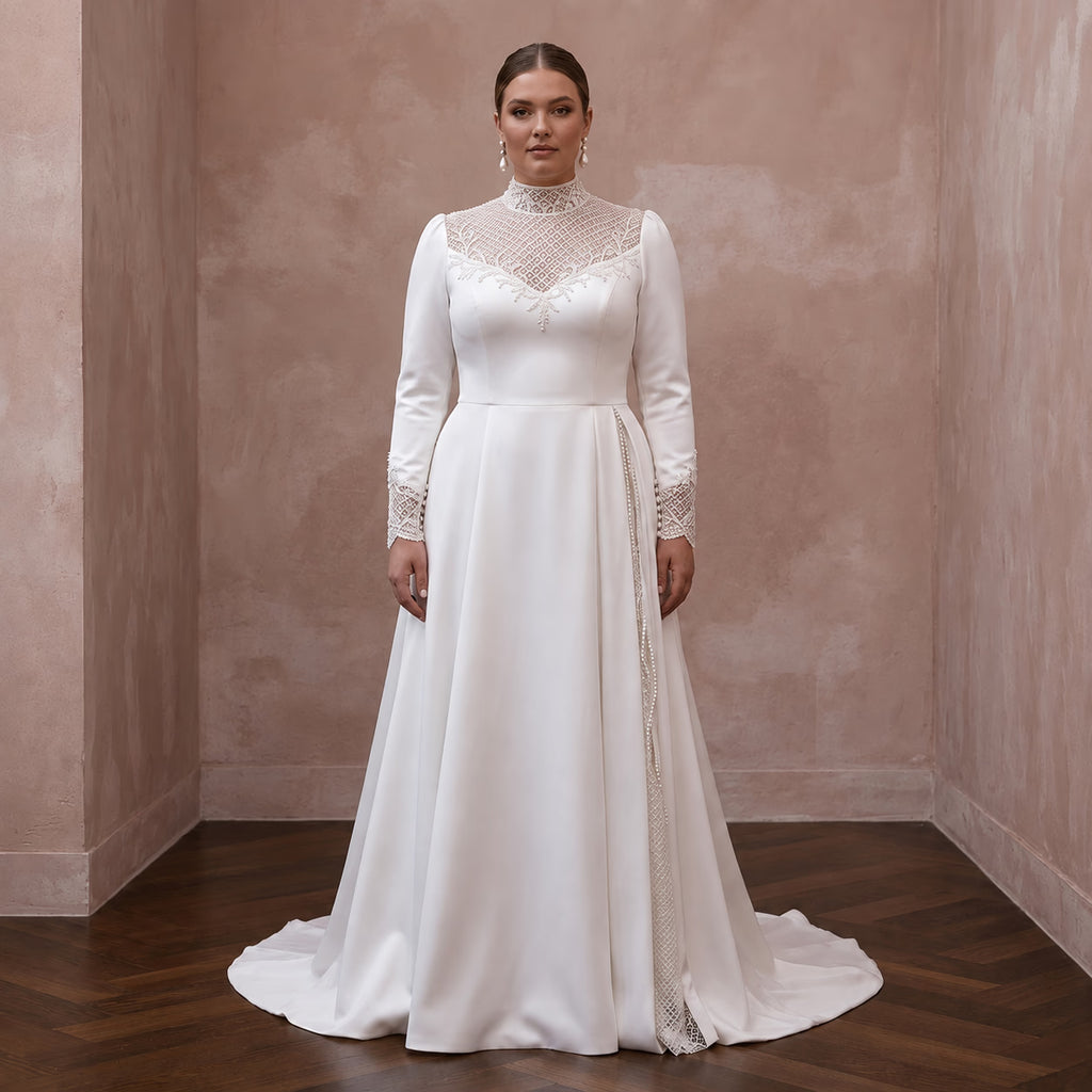 White satin wedding dress with lace high neckline, long sleeves, and back drape train