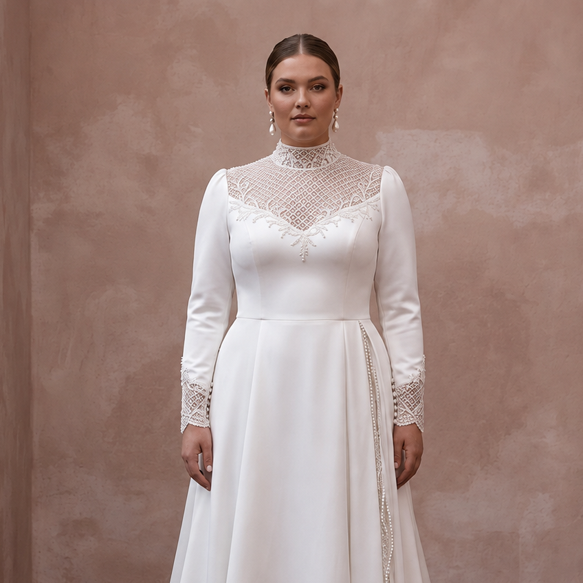 White satin wedding dress with lace illusion high neck and long fitted sleeves
