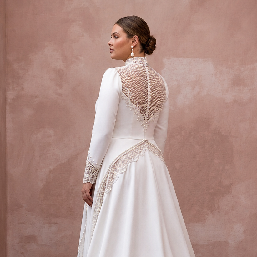 White satin wedding dress with lace back yoke, long sleeves, and draped train