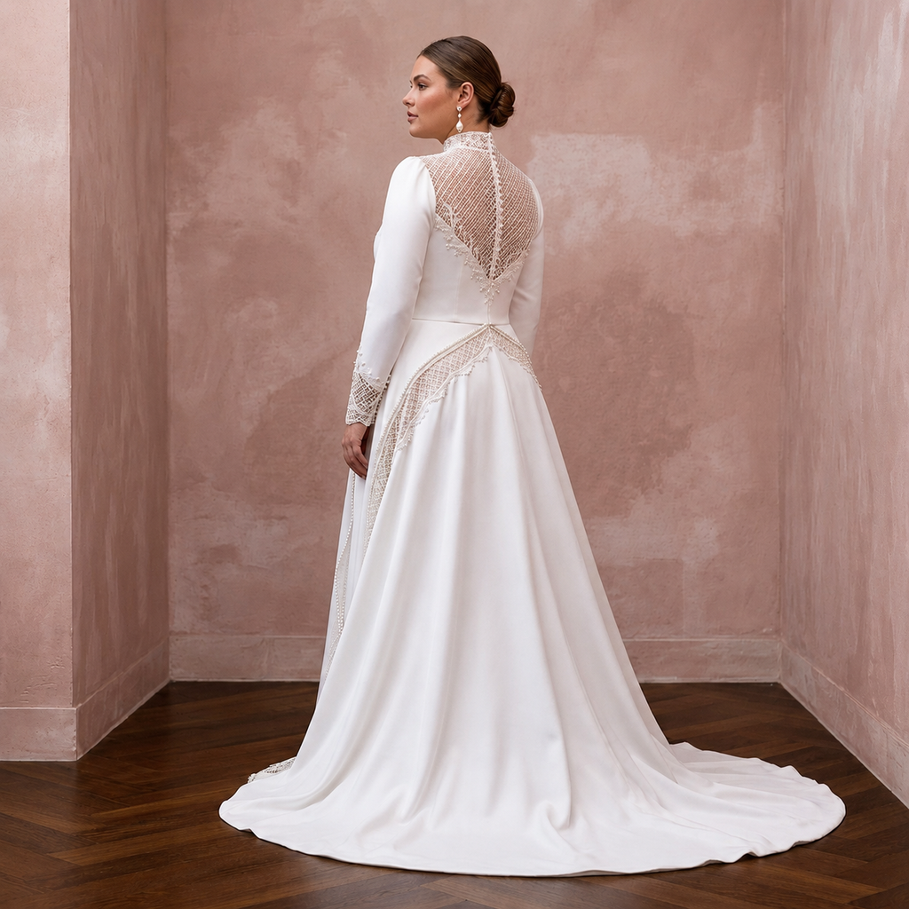 White satin modest wedding dress with lace long sleeves and flowing A-line skirt