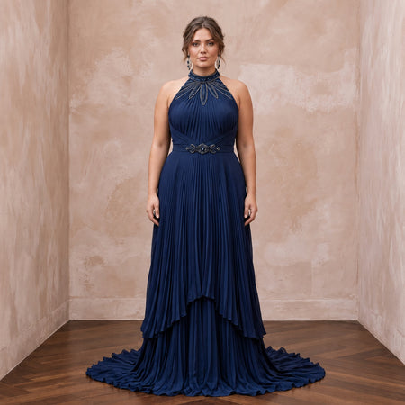 Plus Size Navy Blue Chiffon Pleated Halter Neck Formal Dress - Apparel & Accessories > Clothing > Wedding & Bridal Party Dresses > Wedding Dresses - Mignonette Bridal