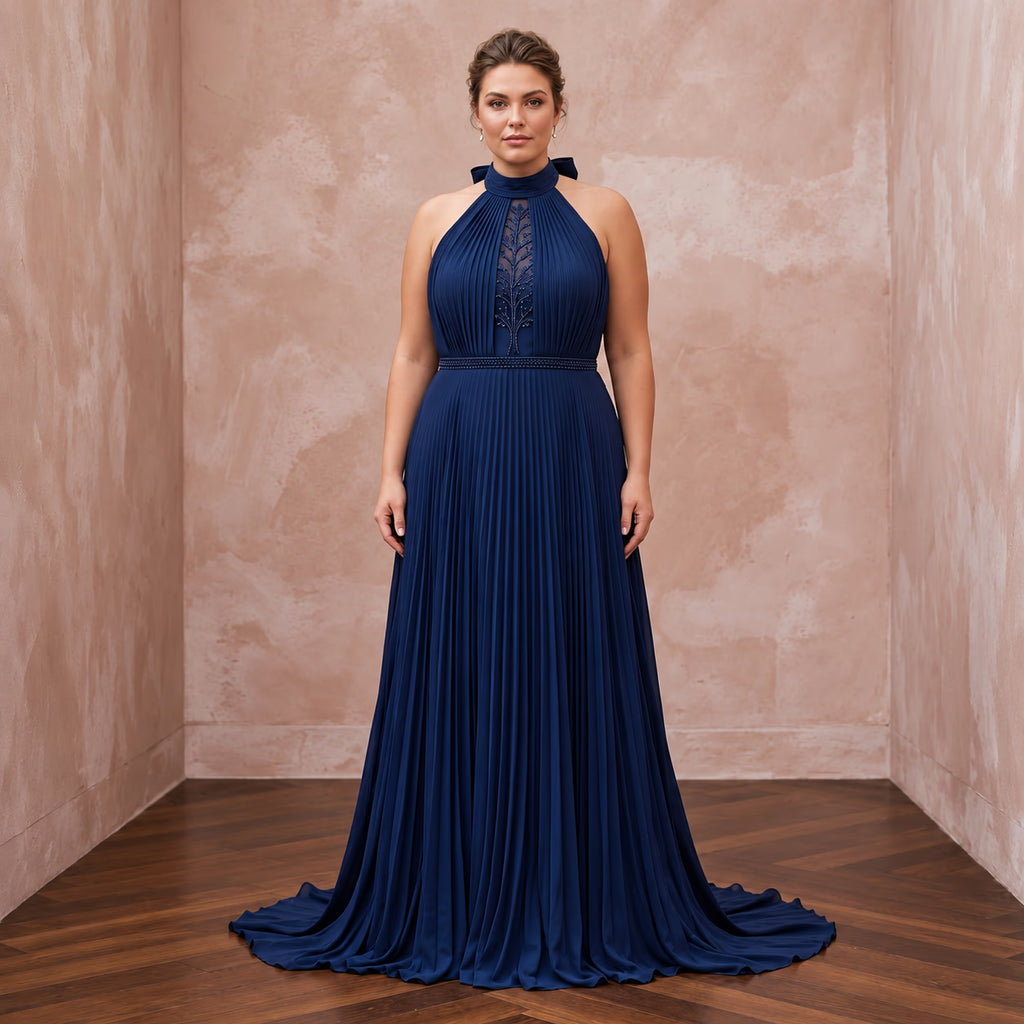Plus Size Navy Blue Chiffon Pleated Halter Neck Formal Dress
