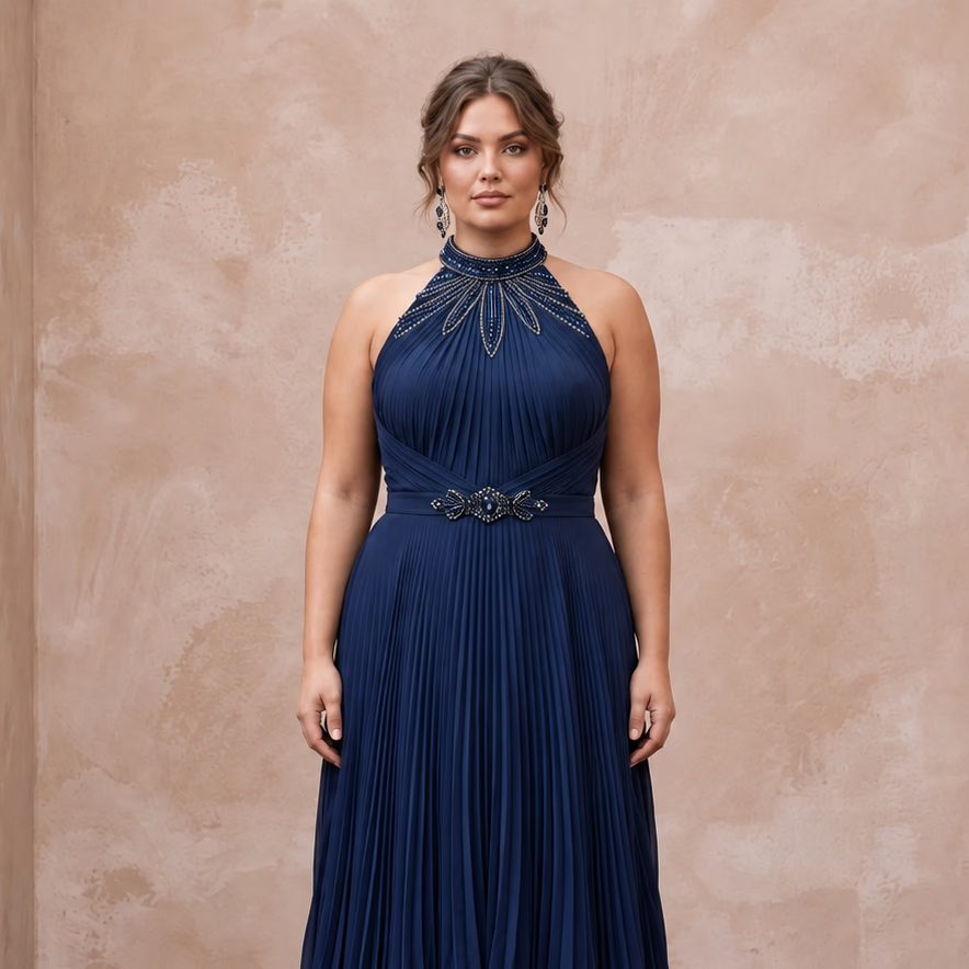 Plus Size Navy Blue Chiffon Pleated Halter Neck Formal Dress - Apparel & Accessories > Clothing > Wedding & Bridal Party Dresses > Wedding Dresses - Mignonette Bridal