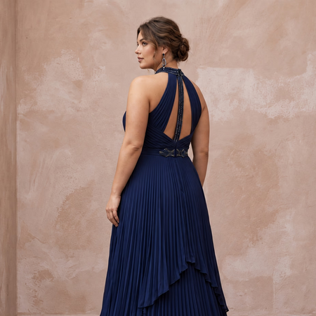 Plus Size Navy Blue Chiffon Pleated Halter Neck Formal Dress - Apparel & Accessories > Clothing > Wedding & Bridal Party Dresses > Wedding Dresses - Mignonette Bridal
