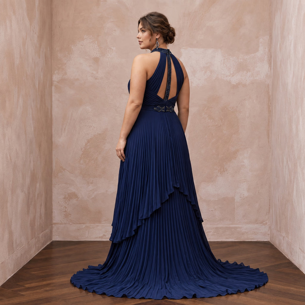Plus Size Navy Blue Chiffon Pleated Halter Neck Formal Dress - Apparel & Accessories > Clothing > Wedding & Bridal Party Dresses > Wedding Dresses - Mignonette Bridal