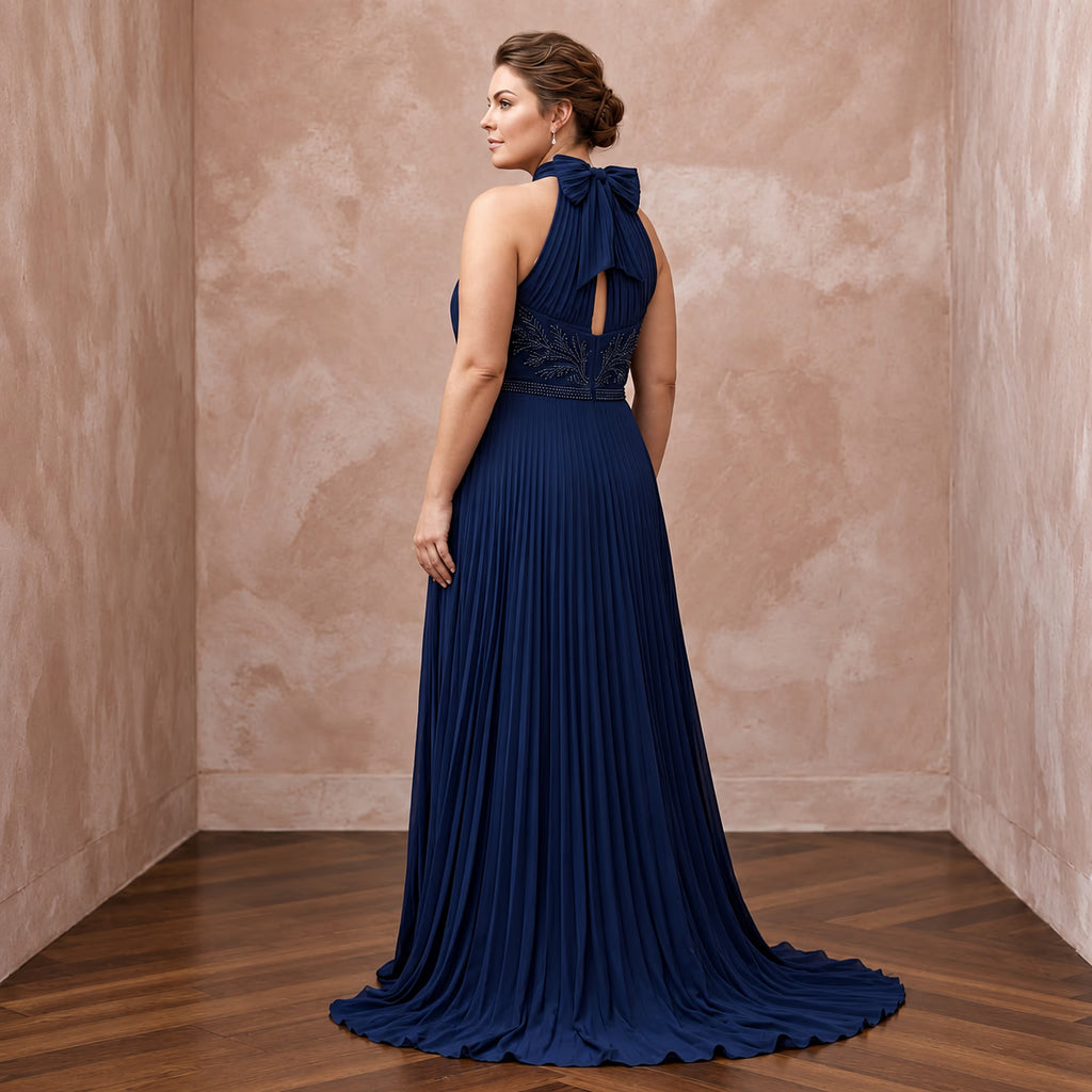 Plus Size Navy Blue Chiffon Pleated Halter Neck Formal Dress