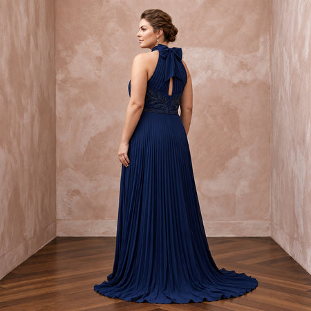 Plus Size Navy Blue Chiffon Pleated Halter Neck Formal Dress