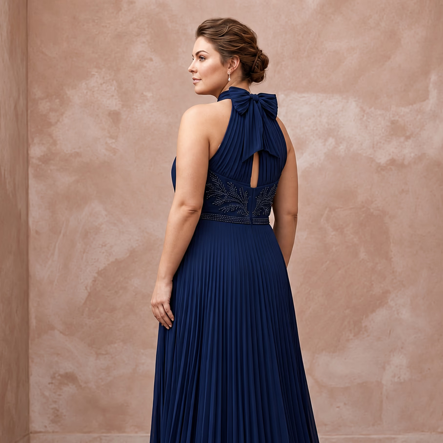 Plus Size Navy Blue Chiffon Pleated Halter Neck Formal Dress