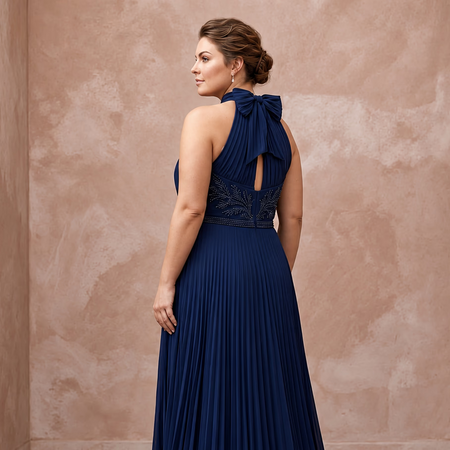 Plus Size Navy Blue Chiffon Pleated Halter Neck Formal Dress