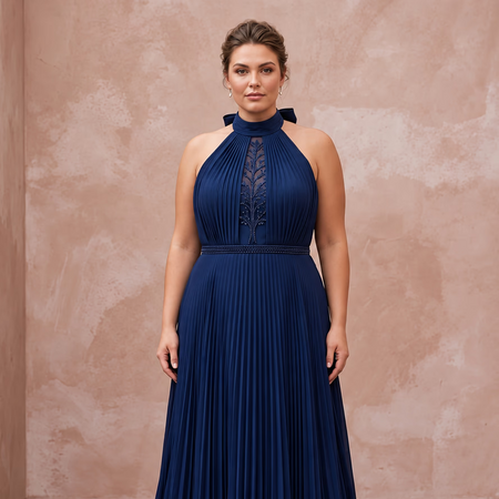 Plus Size Navy Blue Chiffon Pleated Halter Neck Formal Dress
