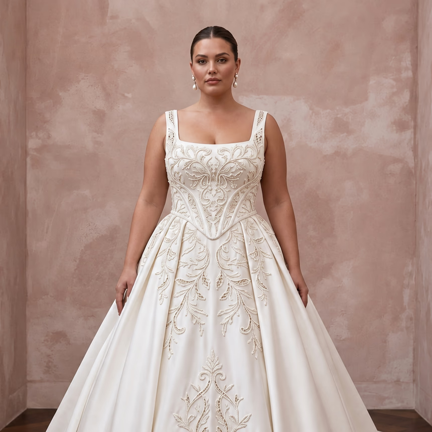 Plus Size Off-White Heavy Satin Basque Waist Ball Gown for Cathedral Ceremony