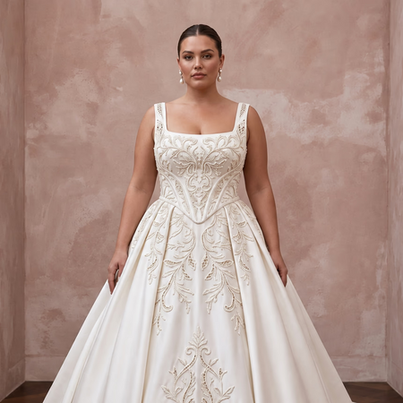 Plus Size Off-White Heavy Satin Basque Waist Ball Gown for Cathedral Ceremony