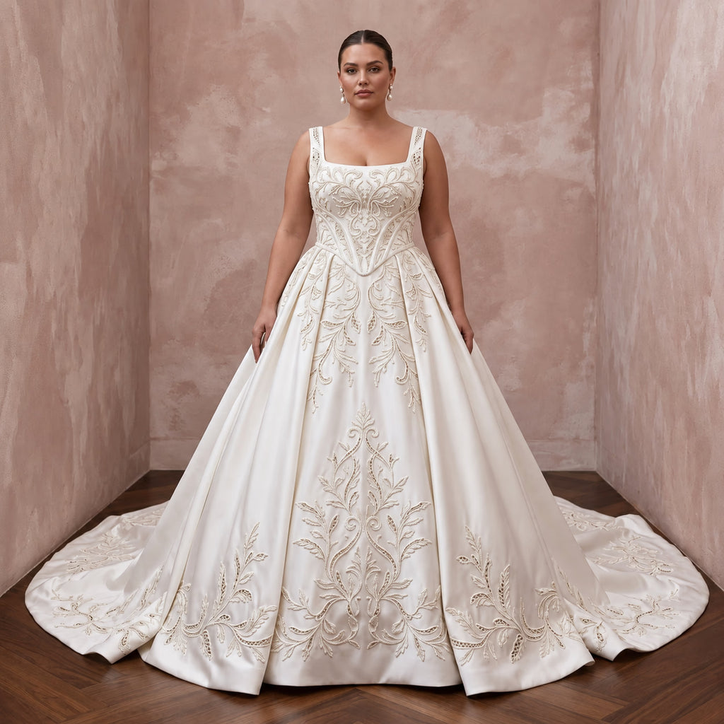 Plus Size Off-White Heavy Satin Basque Waist Ball Gown for Cathedral Ceremony