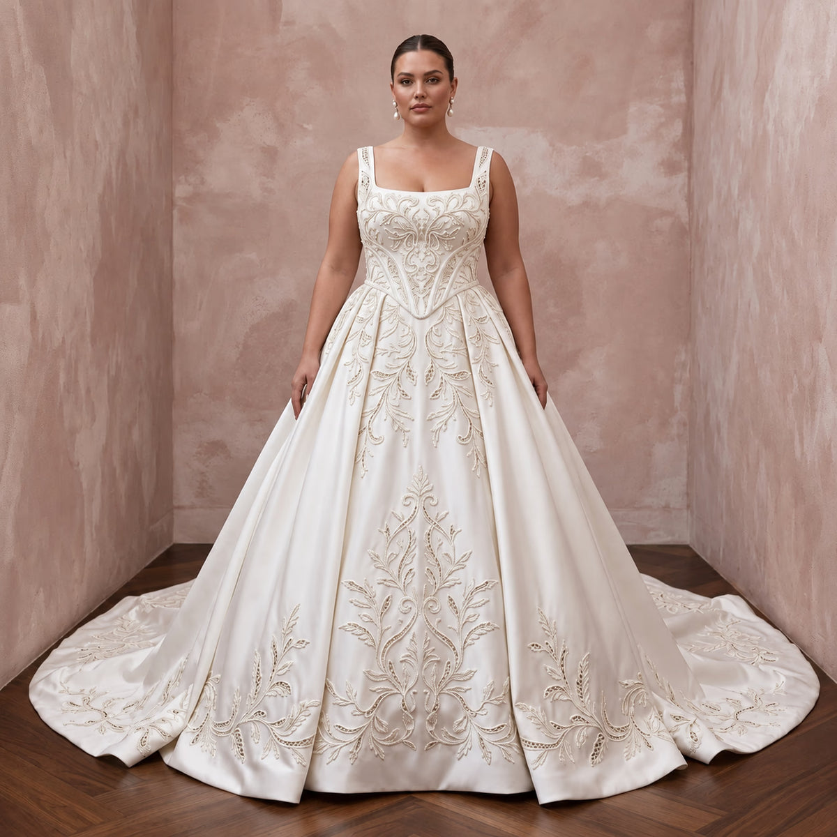 Plus Size Off-White Heavy Satin Basque Waist Ball Gown for Cathedral Ceremony