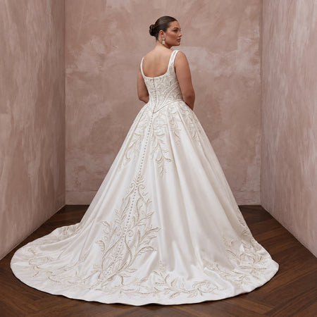 Plus Size Off-White Heavy Satin Basque Waist Ball Gown for Cathedral Ceremony