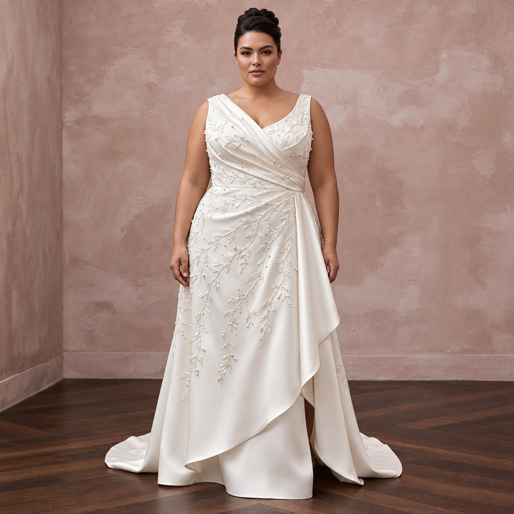 Plus Size Off-White Silk Draped Bodice Asymmetrical Hem Bridal Gown