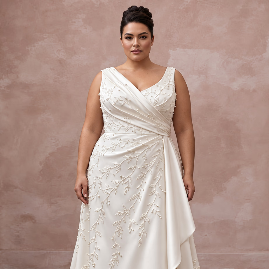 Plus Size Off-White Silk Draped Bodice Asymmetrical Hem Bridal Gown