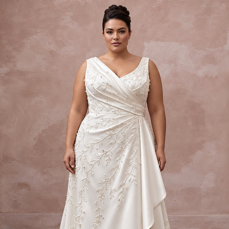 Plus Size Off-White Silk Draped Bodice Asymmetrical Hem Bridal Gown