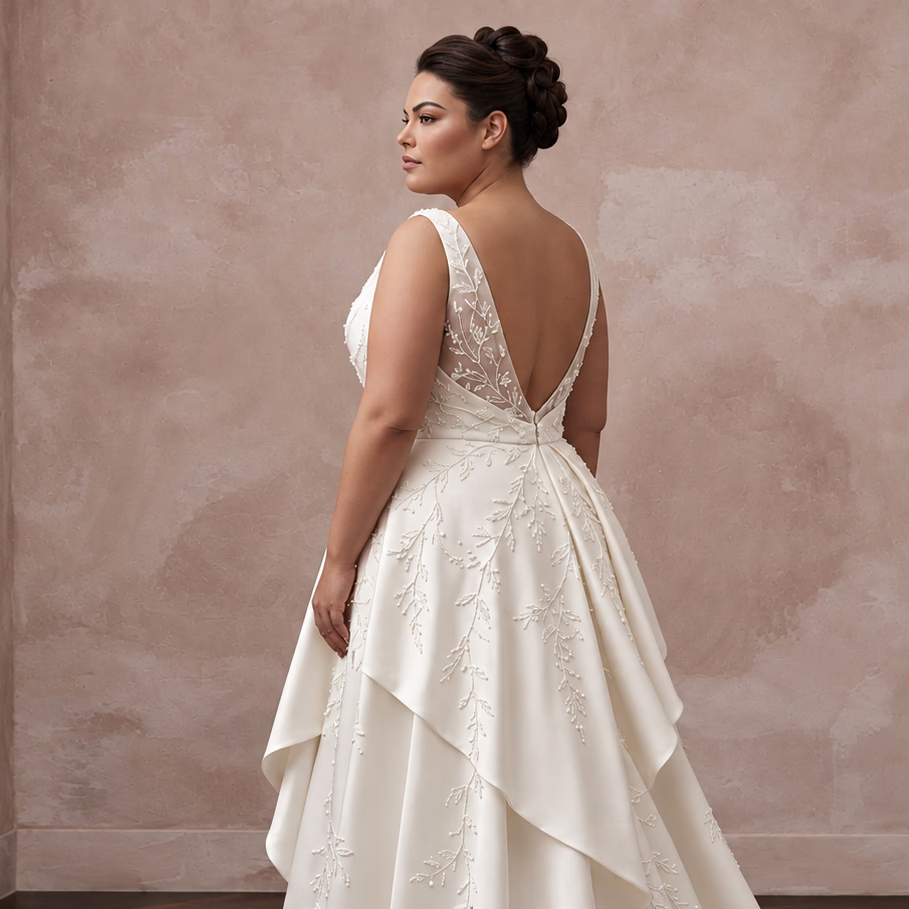 Plus Size Off-White Silk Draped Bodice Asymmetrical Hem Bridal Gown
