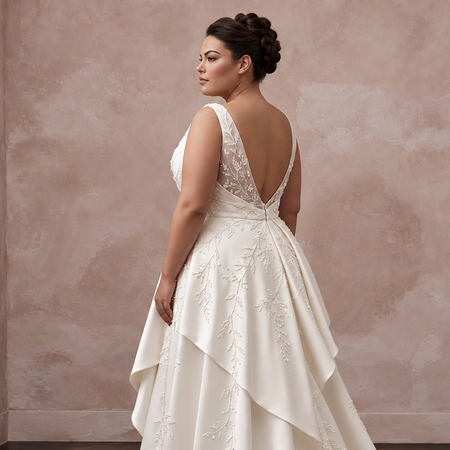 Plus Size Off-White Silk Draped Bodice Asymmetrical Hem Bridal Gown