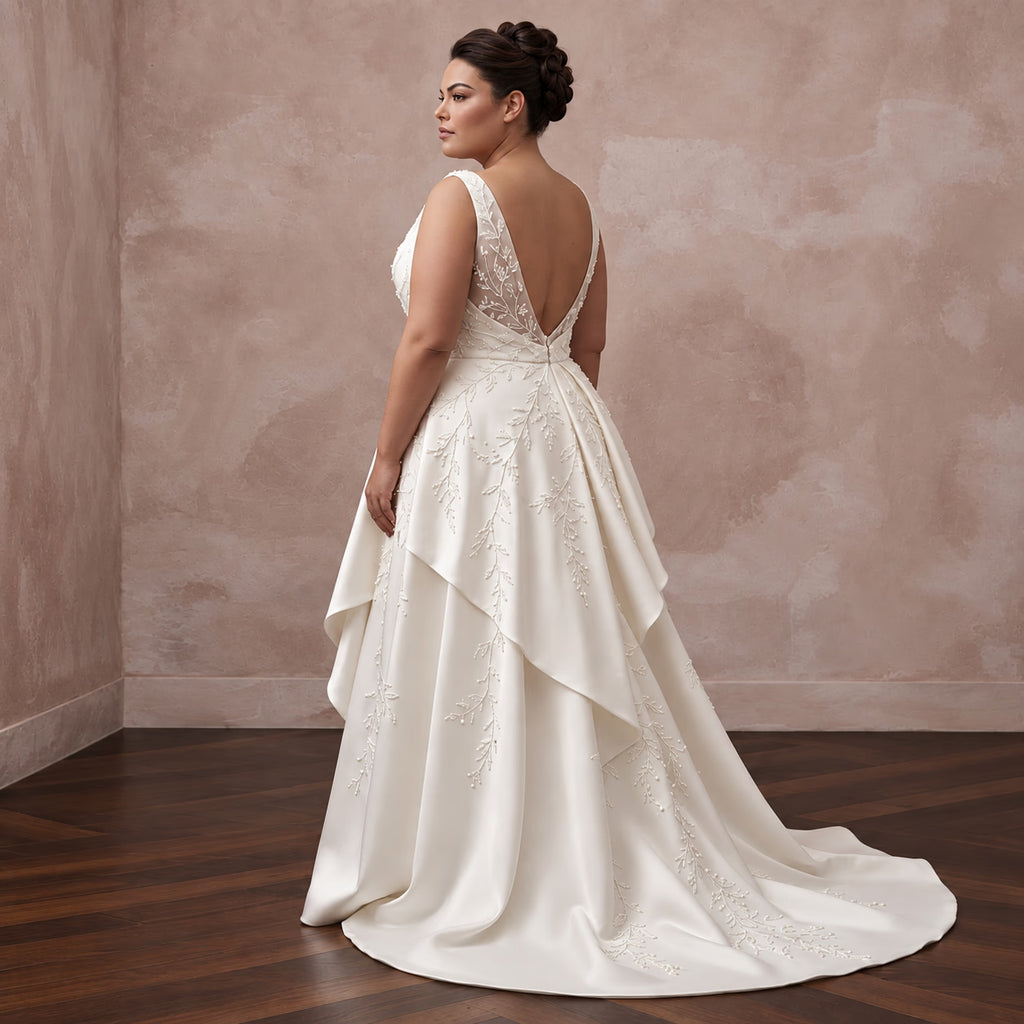 Plus Size Off-White Silk Draped Bodice Asymmetrical Hem Bridal Gown