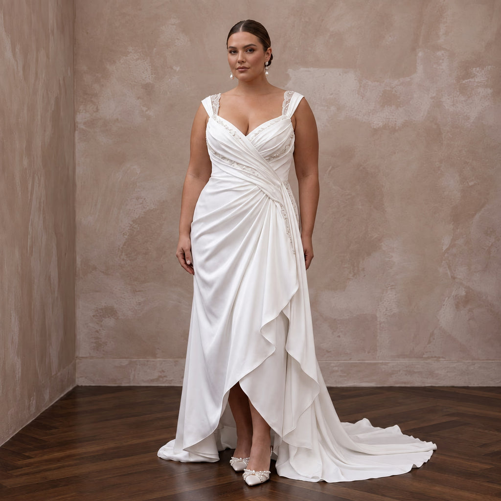 Plus Size Pearl White Silk Draped Bodice Asymmetrical Hem Bridal Dress - Apparel & Accessories > Clothing > Wedding & Bridal Party Dresses > Wedding Dresses - Mignonette Bridal