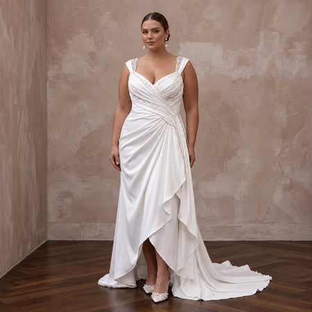 Plus Size Pearl White Silk Draped Bodice Asymmetrical Hem Bridal Dress - Apparel & Accessories > Clothing > Wedding & Bridal Party Dresses > Wedding Dresses - Mignonette Bridal