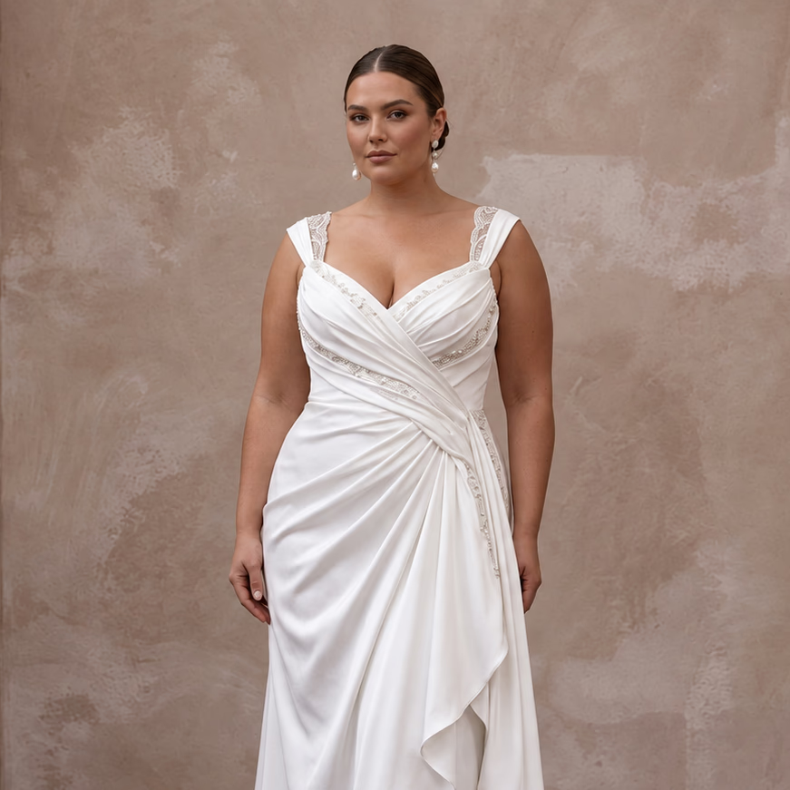 Plus Size Pearl White Silk Draped Bodice Asymmetrical Hem Bridal Dress - Apparel & Accessories > Clothing > Wedding & Bridal Party Dresses > Wedding Dresses - Mignonette Bridal