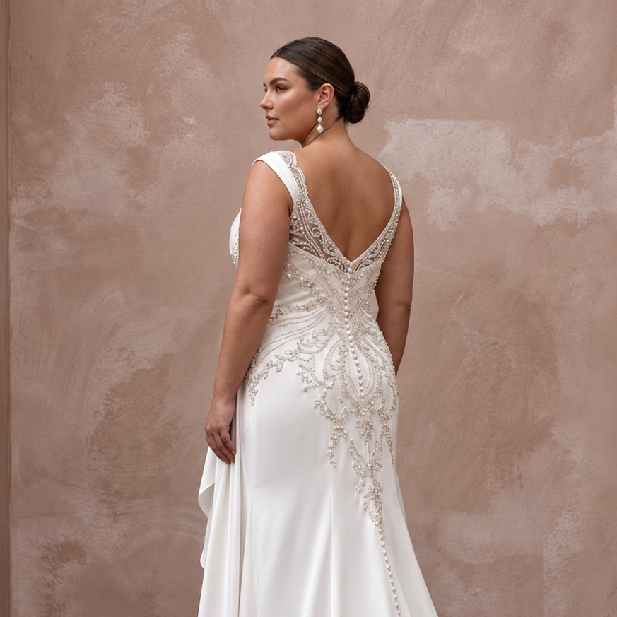 Plus Size Pearl White Silk Draped Bodice Asymmetrical Hem Bridal Dress - Apparel & Accessories > Clothing > Wedding & Bridal Party Dresses > Wedding Dresses - Mignonette Bridal