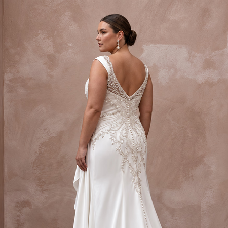 Plus Size Pearl White Silk Draped Bodice Asymmetrical Hem Bridal Dress - Apparel & Accessories > Clothing > Wedding & Bridal Party Dresses > Wedding Dresses - Mignonette Bridal