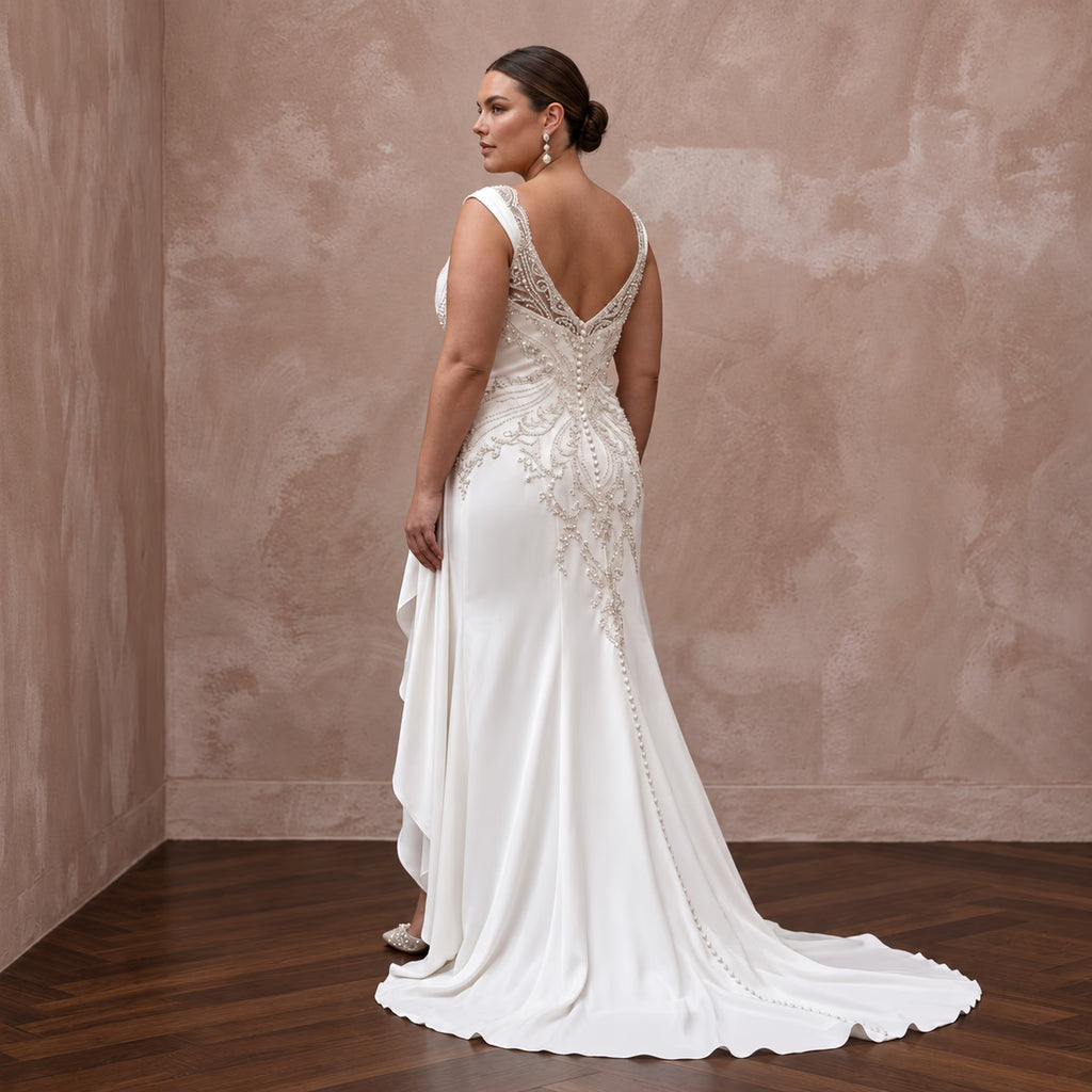 Plus Size Pearl White Silk Draped Bodice Asymmetrical Hem Bridal Dress - Apparel & Accessories > Clothing > Wedding & Bridal Party Dresses > Wedding Dresses - Mignonette Bridal
