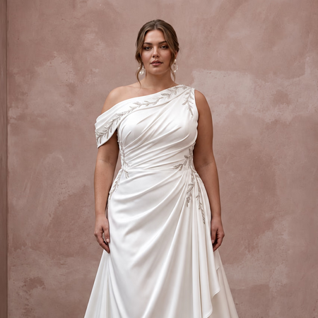 Plus Size Pearl White Silk Draped Bodice Asymmetrical Wedding Dress