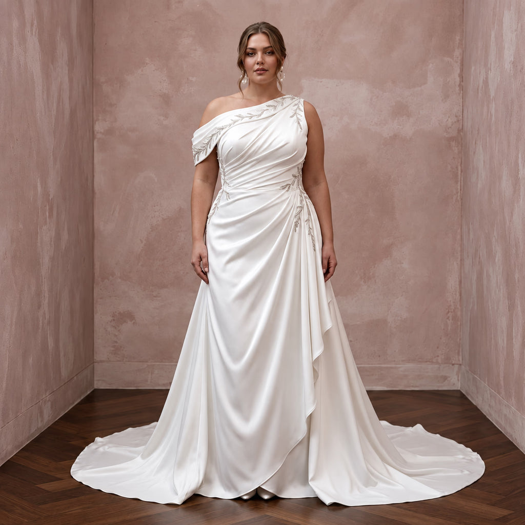 Plus Size Pearl White Silk Draped Bodice Asymmetrical Wedding Dress