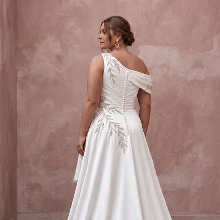 Plus Size Pearl White Silk Draped Bodice Asymmetrical Wedding Dress