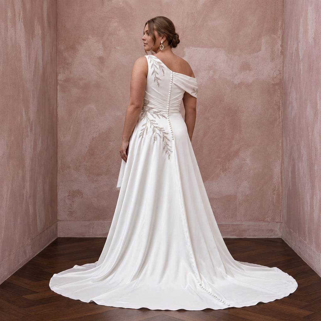 Plus Size Pearl White Silk Draped Bodice Asymmetrical Wedding Dress